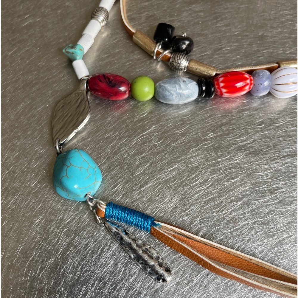 Colorful Beaded Lariat Layered Necklace with Turquoise & Silver Charms - Picture 5 of 16